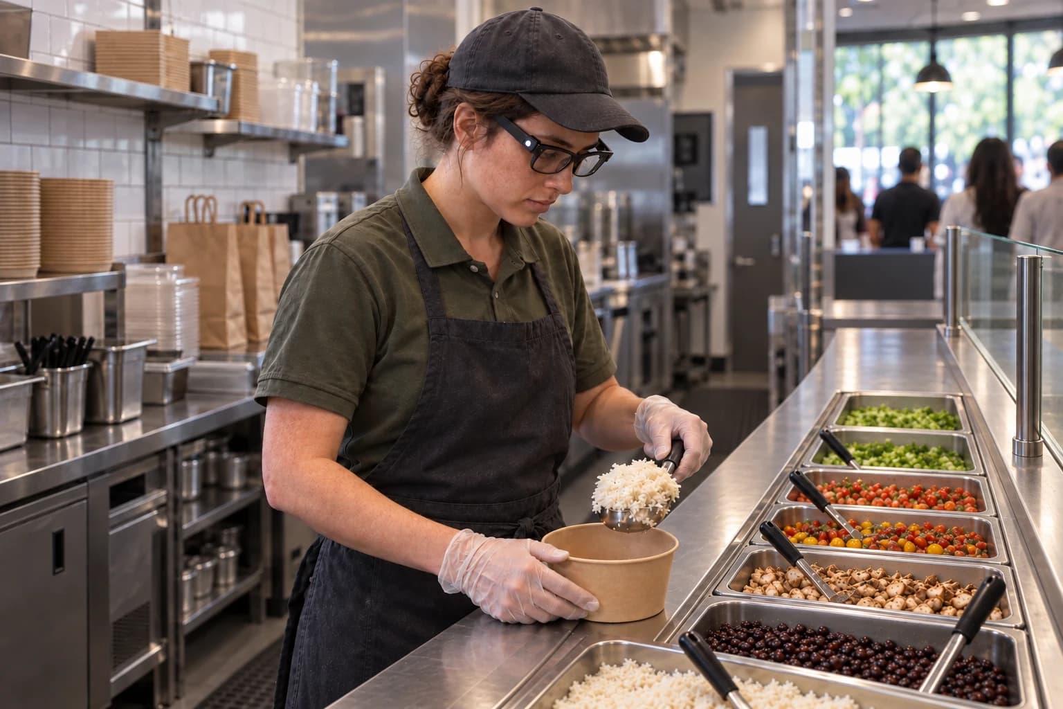 A new crew member wearing camera glasses portions rice behind a quick-service restaurant counter, with open ingredient bins and customers beyond the glass sneeze guard.